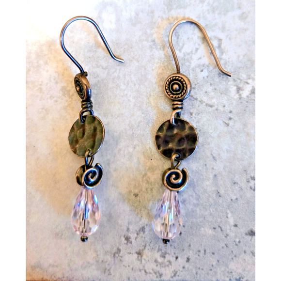 Silpada Sterling Silver Hammered Swirl Crystal Dangle Drop Earrings - Picture 7 of 8